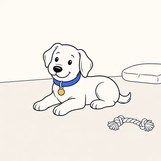A calm, contented puppy lies settled on the floor beside an untouched rope toy.