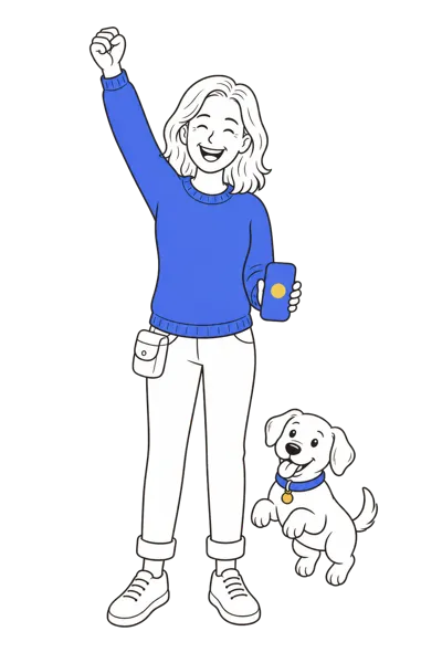 Maggie cheering with one arm raised, Pip bouncing at her feet