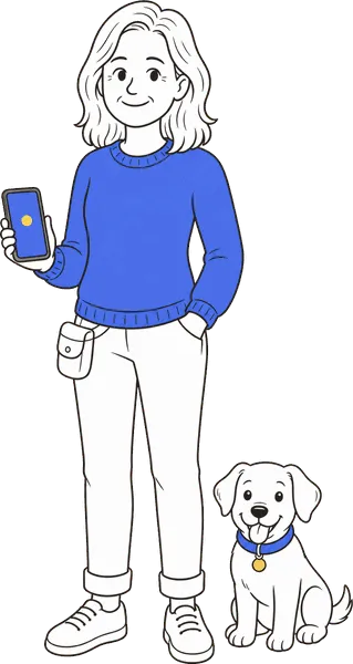 Maggie standing with her phone, Pip sitting beside her