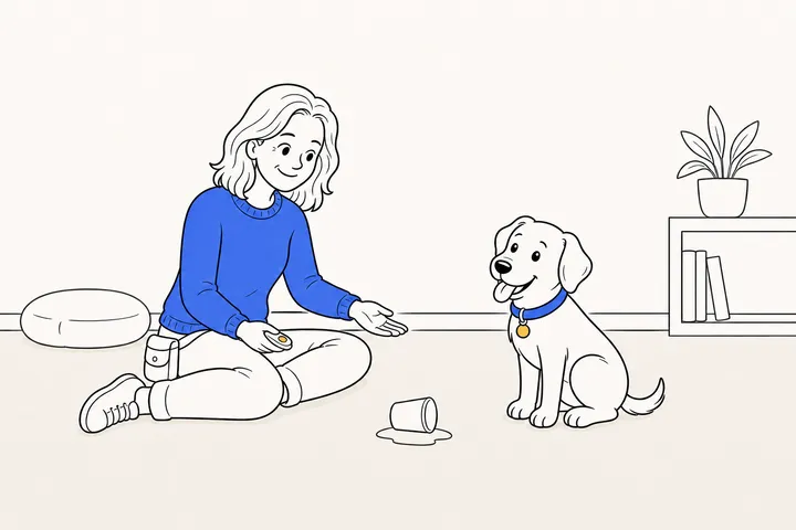 A dog trainer sits on the floor clicker-training a calm, attentive puppy, an open hand offered beside a tipped-over cup.