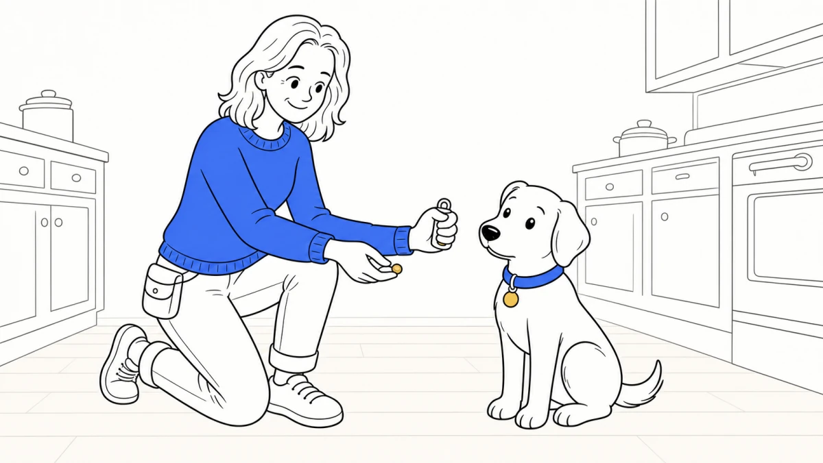 Kneeling trainer holds a closed bait fist near ClickerPup, offering a treat from her other hand on a kitchen floor.