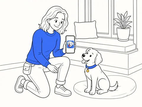 A trainer shows the ClickerPup puppy training app icon to a seated puppy in a bright window nook.