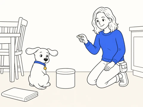 ClickerPup perks up beside a closed treat pot as a kneeling trainer presses the clicker in a quiet kitchen corner.