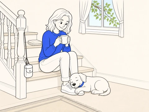 After the first night with a puppy, the puppy sleeps against a trainer's shoe as she holds a mug.