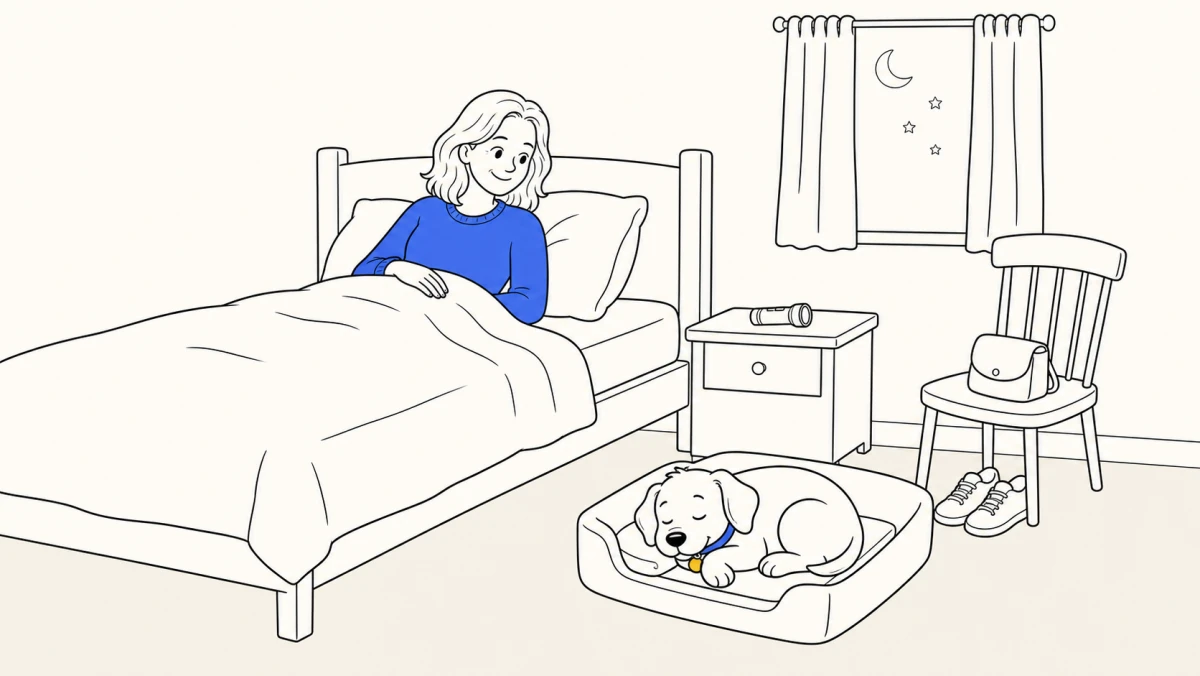 On the first night with a puppy, a trainer rests in her raised bed beside the puppy's separate dog bed.