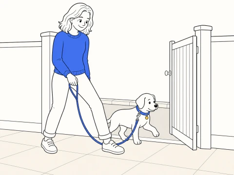 A trainer blocks an open gate as a puppy steps forward on a slack lead during force free dog training.