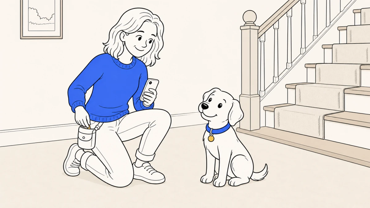 A trainer holds a phone and takes a treat from her pouch as a seated puppy looks up during force free dog training.