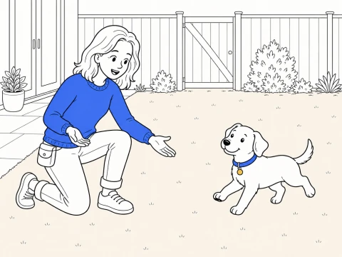 A trainer practices free dog training in a garden as a puppy runs back to her open hand.