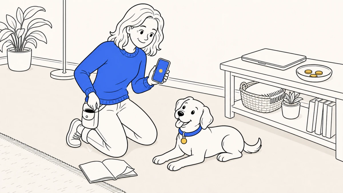 A trainer uses a phone marker and treats beside a closed laptop for a free dog training session.