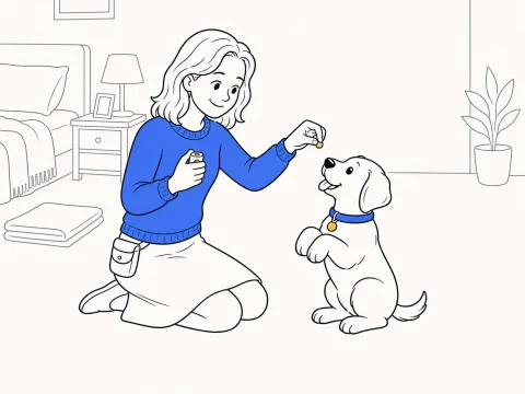 ClickerPup briefly balances with both front paws raised as a kneeling trainer holds a treat above its nose.