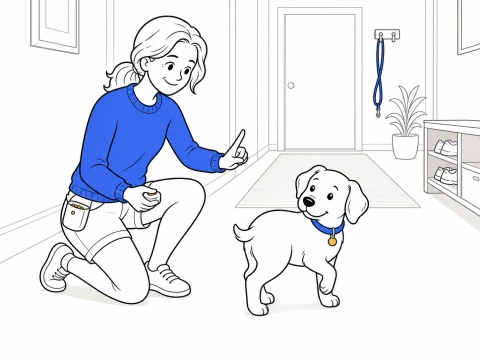 ClickerPup turns toward an empty hand signal while a kneeling trainer marks the trick in a quiet hallway.