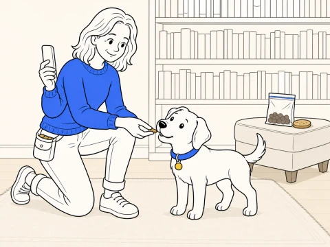 A trainer offers one of her high value treats for dog training to a standing puppy beside a closed bag.