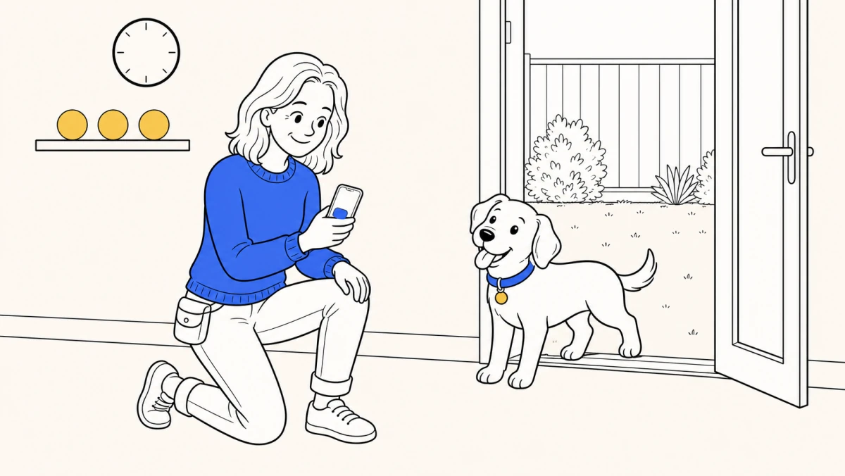 How long does it take to house train a dog? A trainer marks progress as a puppy returns through an open garden door.