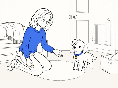 A kneeling trainer gives an open-hand sit cue as ClickerPup stands with a curious head tilt in a new bedroom.