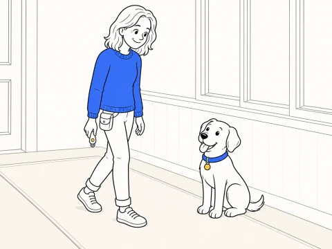 A standing trainer takes one small step back while ClickerPup holds a steady sit across a short hallway gap.