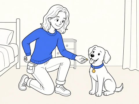 A kneeling trainer presses a muffled clicker behind her hip while offering ClickerPup a treat in a quiet bedroom.