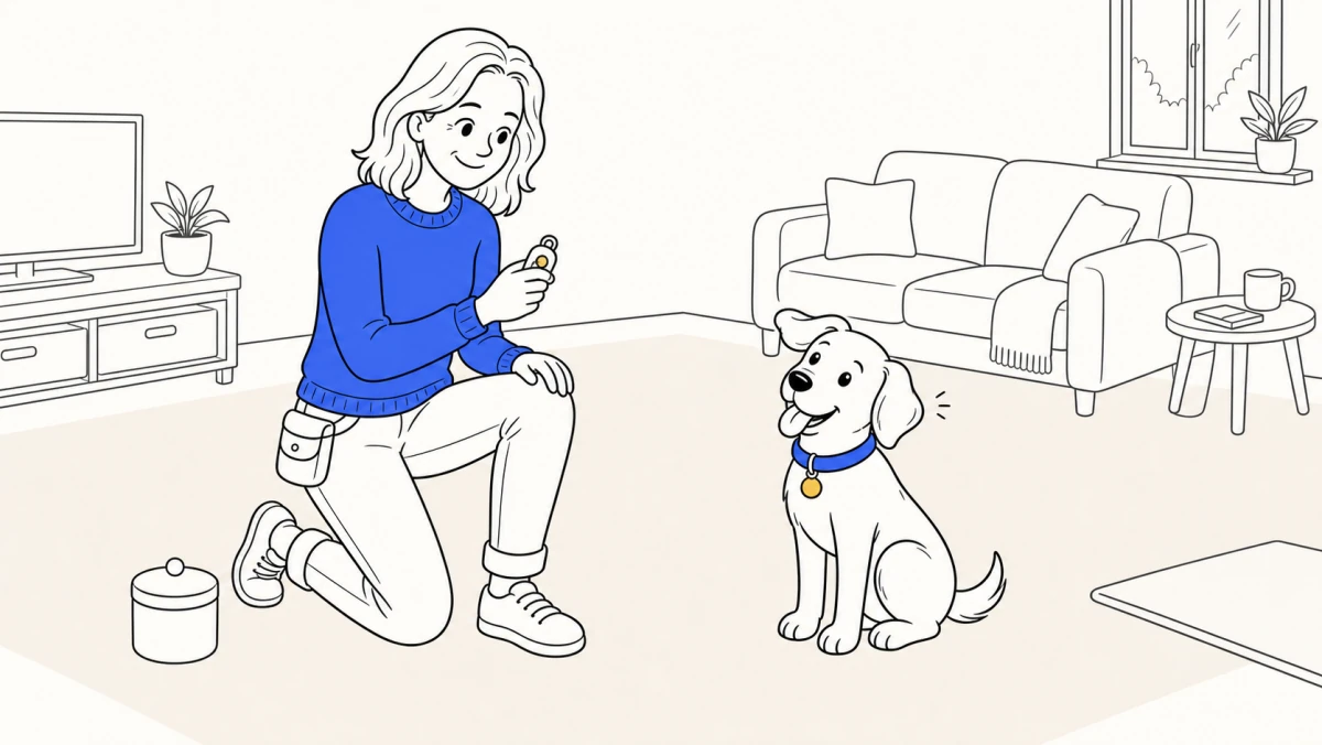 A kneeling trainer holds a clicker as ClickerPup perks up beside a closed treat pot in a quiet living room.