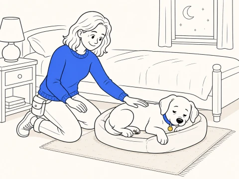 A kneeling trainer rests one hand on ClickerPup's back as the puppy lowers its head in a dog bed beside a human bed.