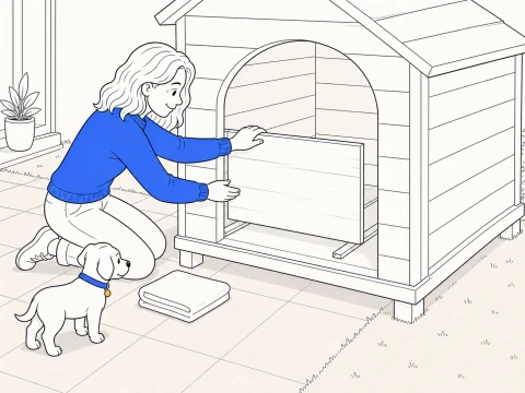 A trainer shows how to kennel train a dog by moving a solid partition inside an outdoor wooden shelter.