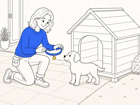 A trainer shows how to kennel train a dog by removing the puppy's collar beside an outdoor wooden shelter.