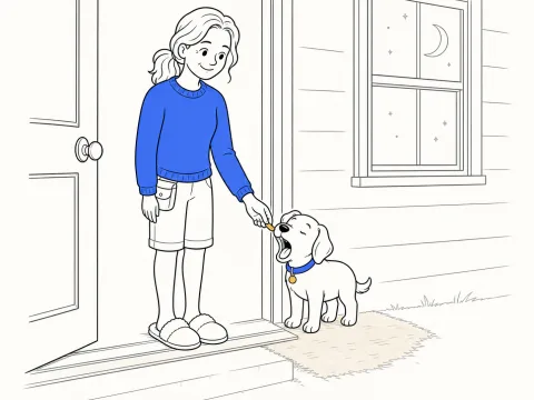 A trainer rewards ClickerPup at the back door during an overnight puppy potty-training trip.