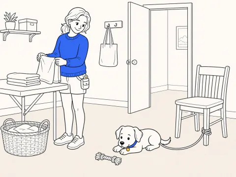 ClickerPup rests calmly on a tether during puppy potty training while a trainer folds laundry nearby.