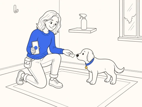 How to stop a dog from chewing furniture: a trainer offers a scented tissue for the puppy to sniff beside a spray bottle.