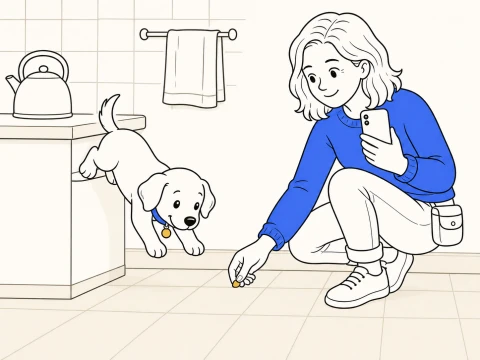 How to stop a dog from counter surfing: a trainer rewards a puppy as it climbs down from the kitchen counter.