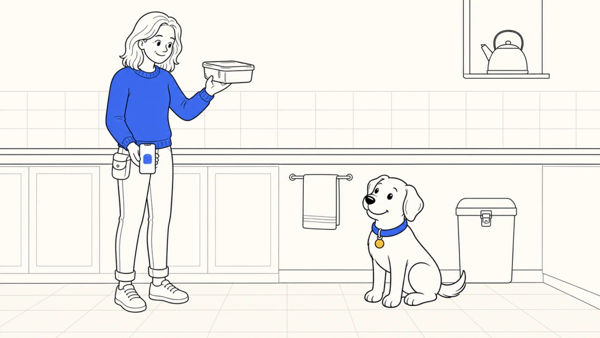 How to stop a dog from counter surfing: a trainer clears the final container while a puppy watches from the floor.