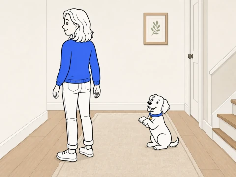 A trainer turns her back and looks away with empty hands while ClickerPup sits low on a hallway rug and lifts both front paws.