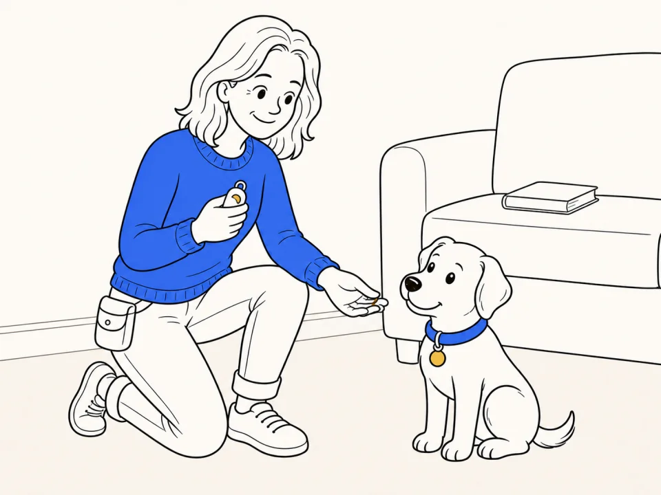 A kneeling trainer presses the gold button on her handheld clicker and offers one small treat to a quietly seated, closed-mouth puppy beside a sofa with a closed book on its cushion.