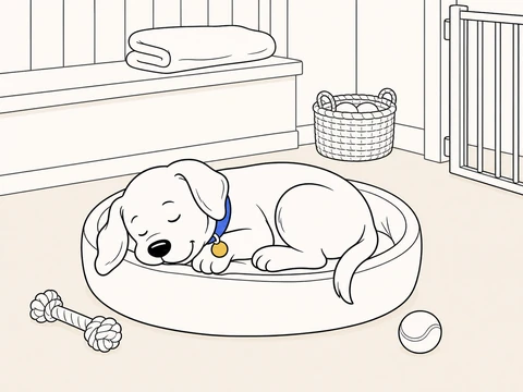 Overtired puppy asleep in a round bed beside an abandoned rope chew and ball, one ear spilling over the edge.