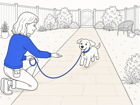 A kneeling trainer practices hand target dog training as a puppy trots toward her on a loose lead.