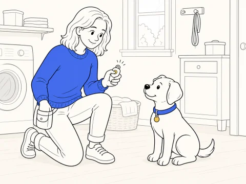 A trainer demonstrates how to teach a puppy its name, clicking when the puppy looks up.