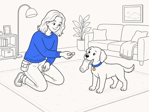 A kneeling trainer offers a treat and presses a clicker while ClickerPup calmly holds a sock on a living-room rug.