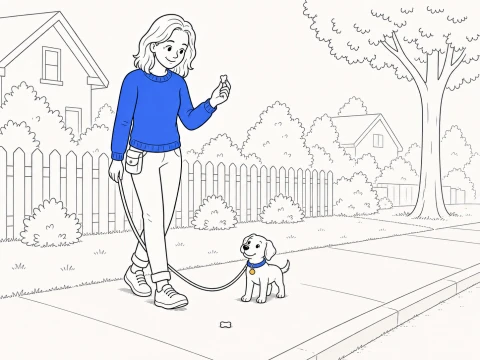 Puppy leave it training with a pavement treat and slack leash.