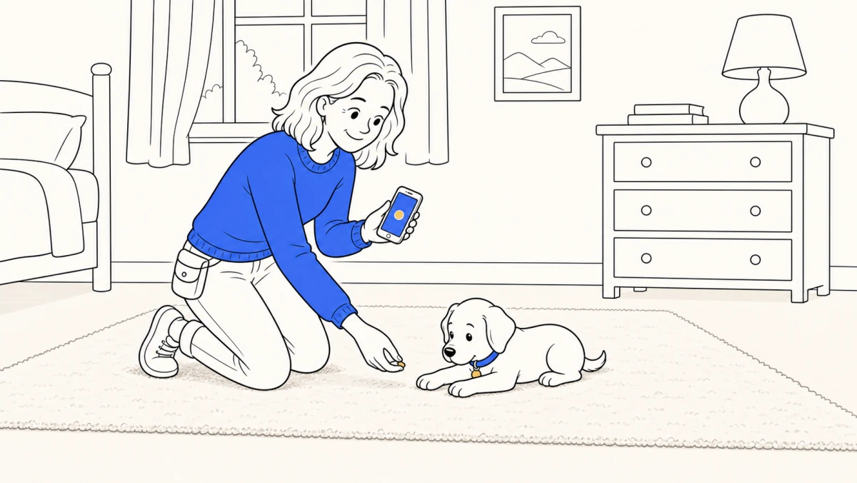 A trainer uses a floor-level treat and phone marker to show how to teach a puppy to lie down.
