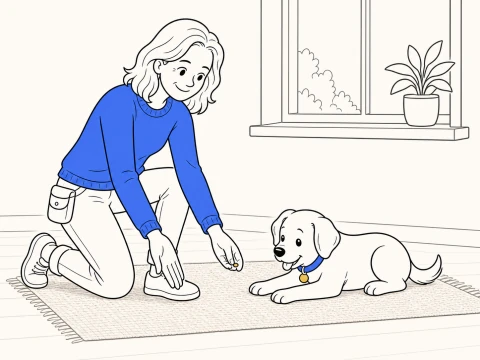 An empty hand cues how to teach a puppy to lie down while the trainer rewards from her other hand.