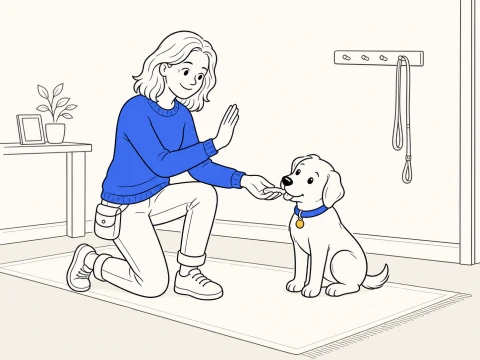A kneeling trainer gives an empty-hand signal while rewarding ClickerPup from her other hand as the puppy sits in a hallway.