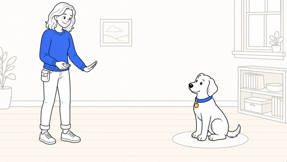 A trainer presses a clicker with her thumb and gives a low open-palm stay signal while ClickerPup sits on a round spot.