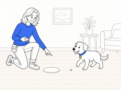 A kneeling trainer presses a clicker with her thumb and points to a treat placed away from an empty stay spot as ClickerPup steps toward it.