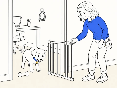 A trainer closes a baby gate across a home-office doorway while ClickerPup turns toward a chew inside the safe area.