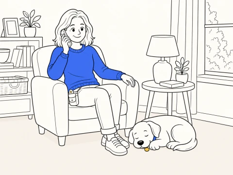 A relaxed trainer talks on the phone from an armchair while ClickerPup sleeps curled beside her feet.