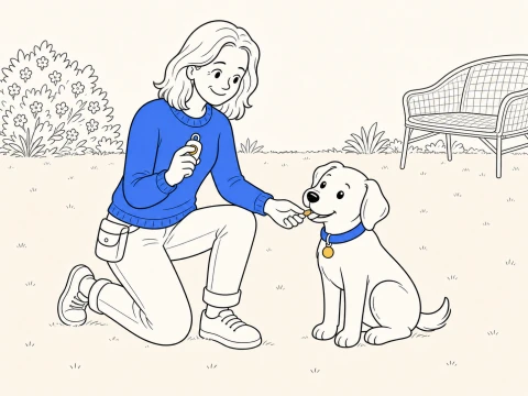 A kneeling trainer presses a clicker as she gives ClickerPup a treat in a garden.