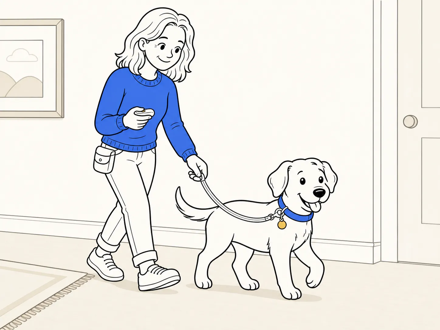 A trainer follows ClickerPup across a quiet hallway with a short slack lead, her thumb pressing the yellow button on a small clicker.