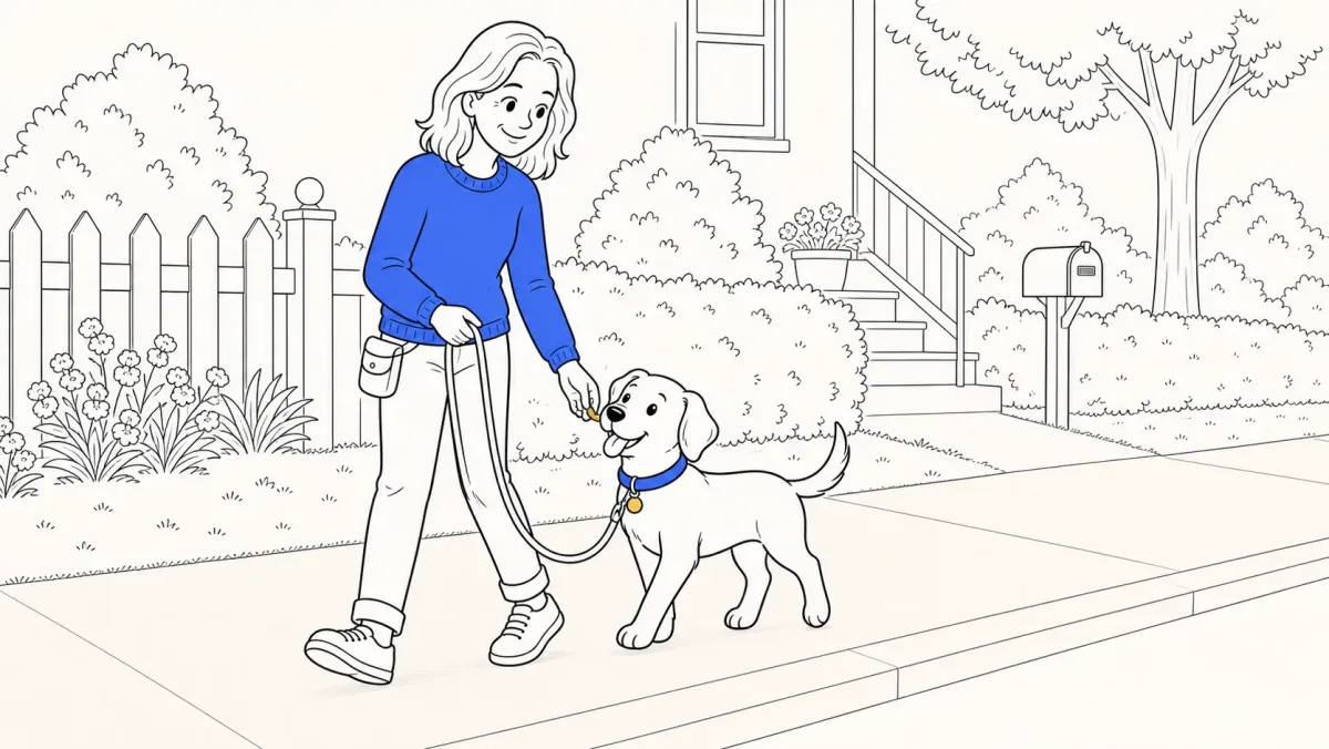 A trainer rewards ClickerPup at her side during a neighborhood walk while the leash hangs in a loose curve.