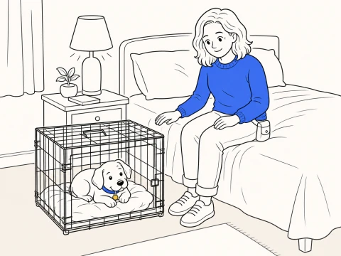 A trainer sits on the edge of a bed beside ClickerPup resting quietly in a crate within arm's reach.