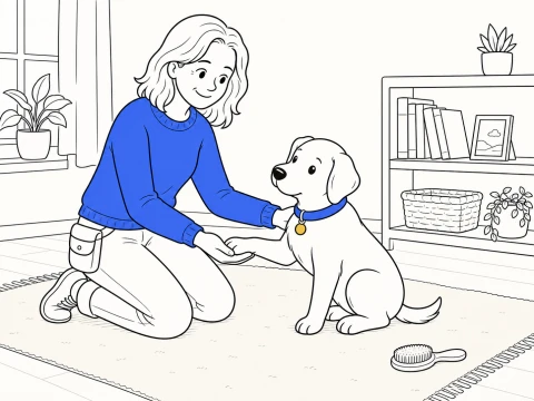 A kneeling trainer gently supports ClickerPup's front paw in her open palm on a living-room rug.
