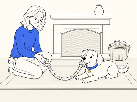 Trainer loosely holds a rope toy while her puppy rests with the other end during puppy bite inhibition practice.