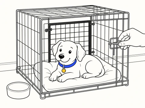Puppy potty training regression: a puppy rests in the snug front section of a wire crate with a divider.